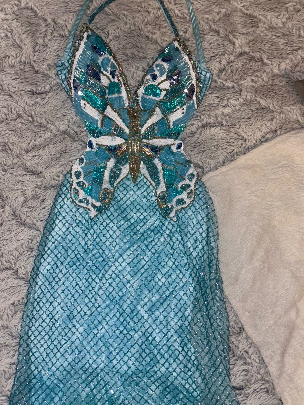 Primavera Couture Turquoise Butterfly Sequin Prom Dress